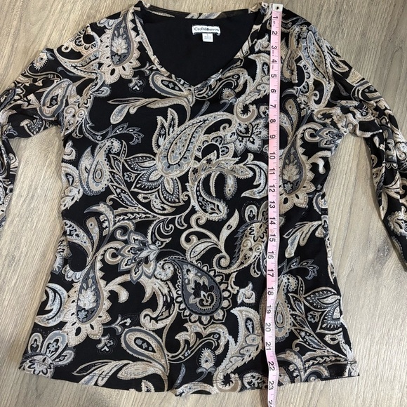 Croft & Barrow Black Beige Paisley Blouse 3/4 Sleeve Sz S Classic Boho Stretch - Picture 5 of 10